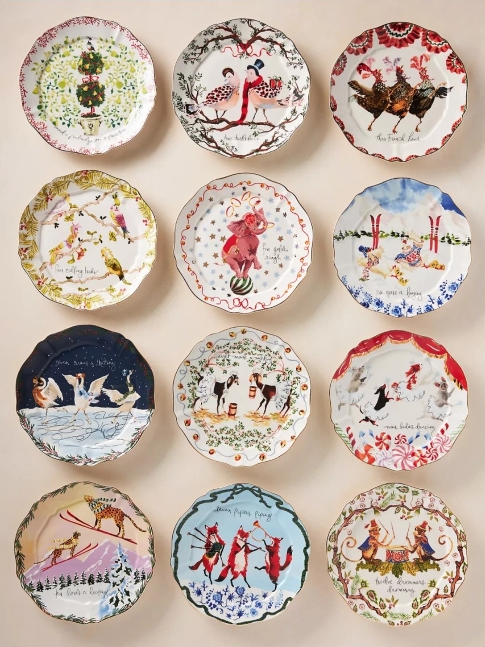 Complete Set - Inslee Fariss Twelve Days of Christmas Menagerie Dessert Plates